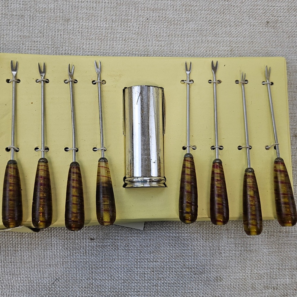 Vtg Appetizer Pick Set 8pc Amber Swirl Resin Handles Stainless Steel 510/5102